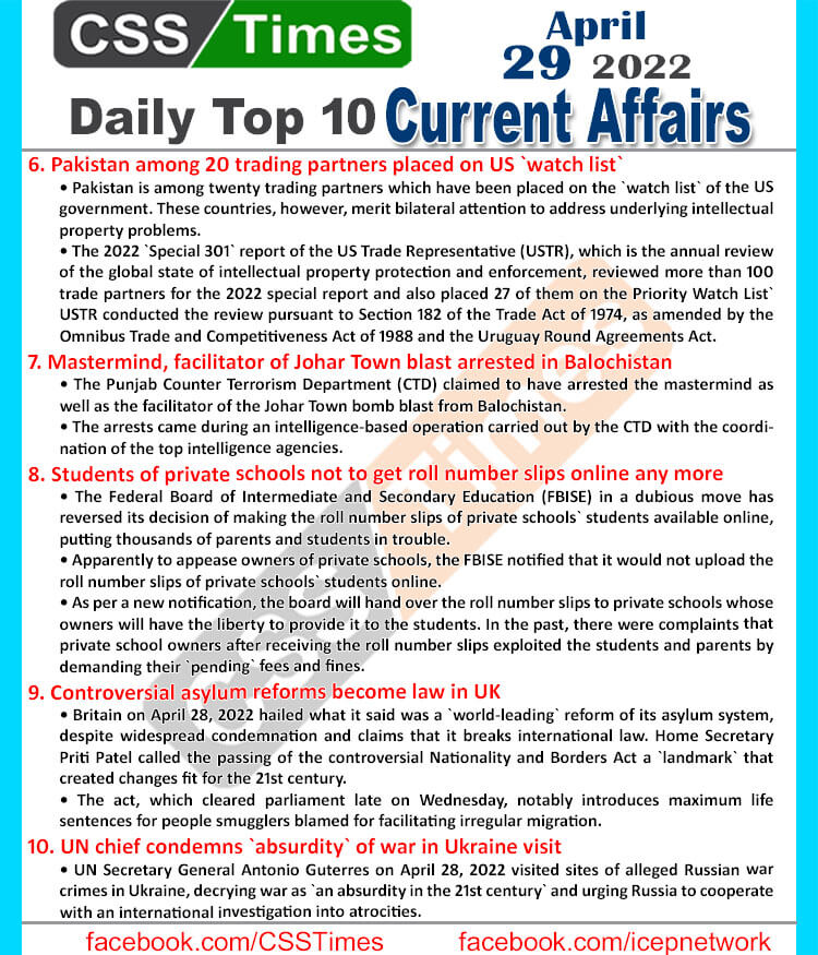 Daily Top-10 Current Affairs MCQs / News (April 29, 2022) for CSS, PMS