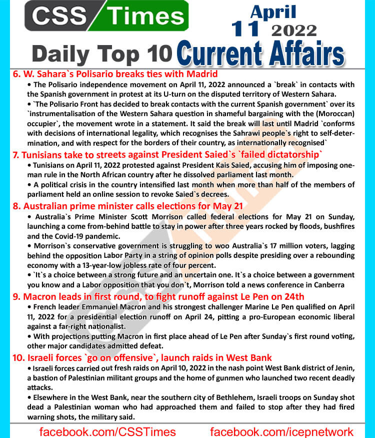 Daily Top-10 Current Affairs MCQs / News (April 11, 2022) for CSS, PMS