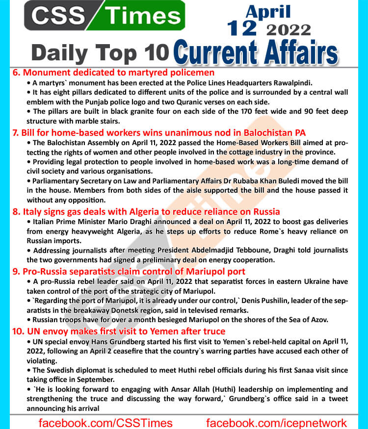 Daily Top-10 Current Affairs MCQs / News (April 12, 2022) for CSS, PMS