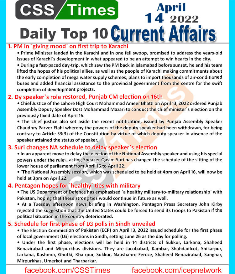 Daily Top-10 Current Affairs MCQs / News (April 14, 2022) for CSS, PMS