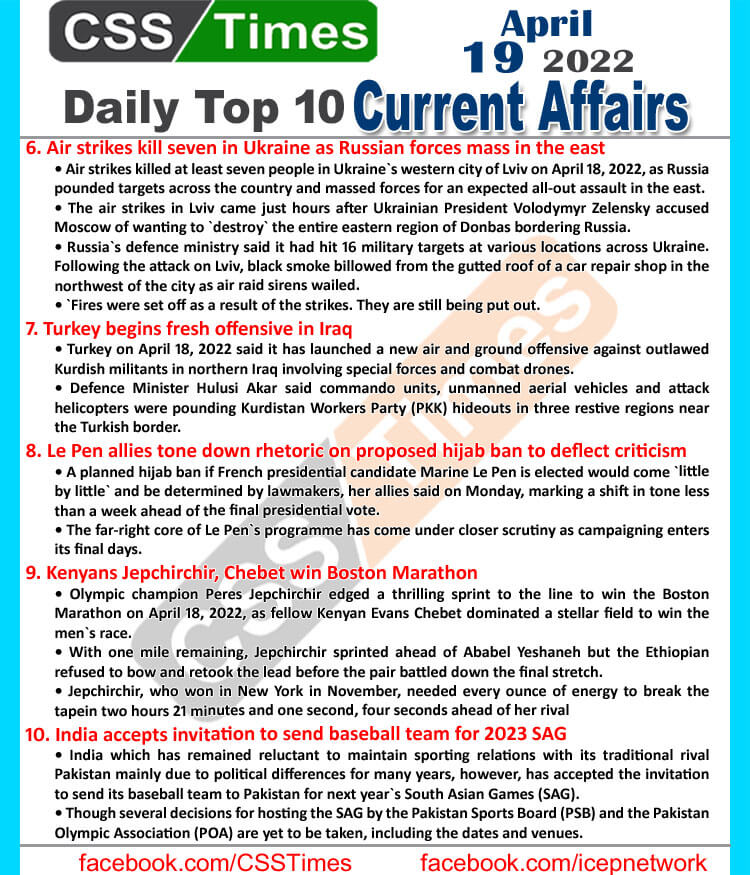 Daily Top-10 Current Affairs MCQs / News (April 19, 2022) for CSS, PMS