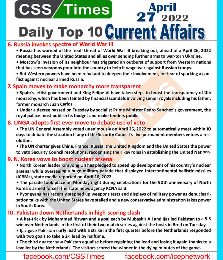 Daily Top-10 Current Affairs MCQs / News (April 27, 2022) for CSS, PMS