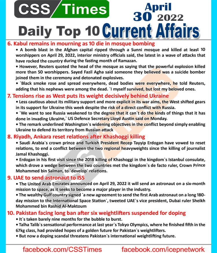 Daily Top-10 Current Affairs MCQs / News (April 30, 2022) for CSS, PMS