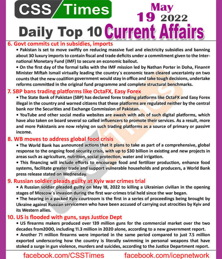 Daily Top-10 Current Affairs MCQs / News (May 19, 2022) for CSS, PMS