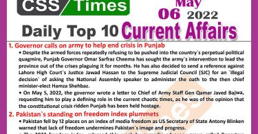 Daily Top-10 Current Affairs MCQs / News (May 06, 2022) for CSS, PMS
