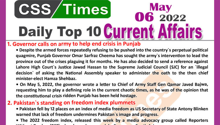 Daily Top-10 Current Affairs MCQs / News (May 06, 2022) for CSS, PMS