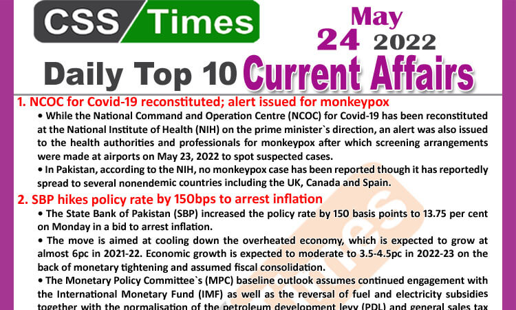 Daily Top-10 Current Affairs MCQs / News (May 24, 2022) for CSS, PMS