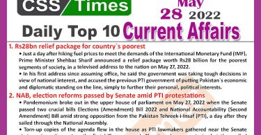 Daily Top-10 Current Affairs MCQs / News (May 28, 2022) for CSS, PMS