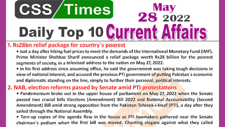 Daily Top-10 Current Affairs MCQs / News (May 28, 2022) for CSS, PMS