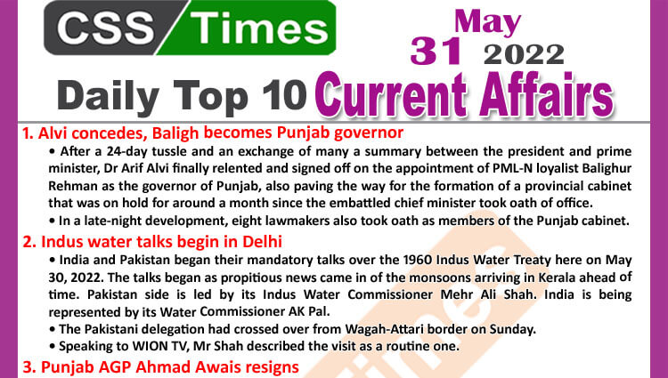 Daily Top-10 Current Affairs MCQs / News (May 31, 2022) for CSS, PMS