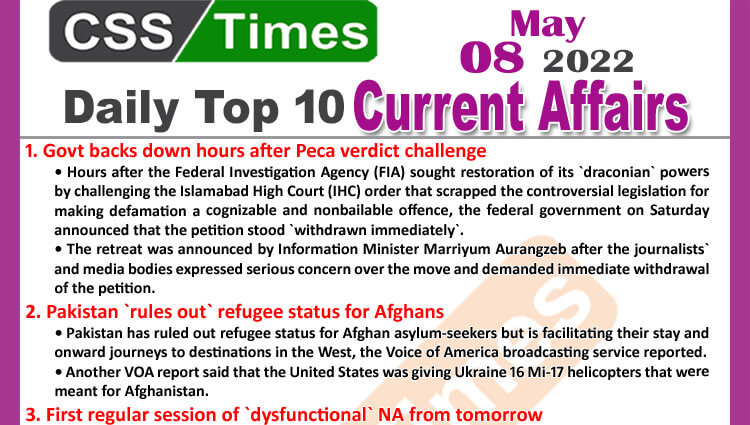 Daily Top-10 Current Affairs MCQs / News (May 08, 2022) for CSS, PMS
