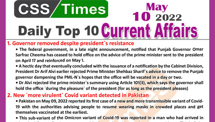 Daily Top-10 Current Affairs MCQs / News (May 10, 2022) for CSS, PMS