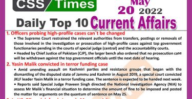 Daily Top-10 Current Affairs MCQs / News (May 20, 2022) for CSS, PMS