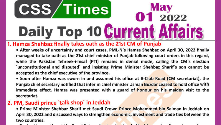 Daily Top-10 Current Affairs MCQs / News (May 01, 2022) for CSS, PMS