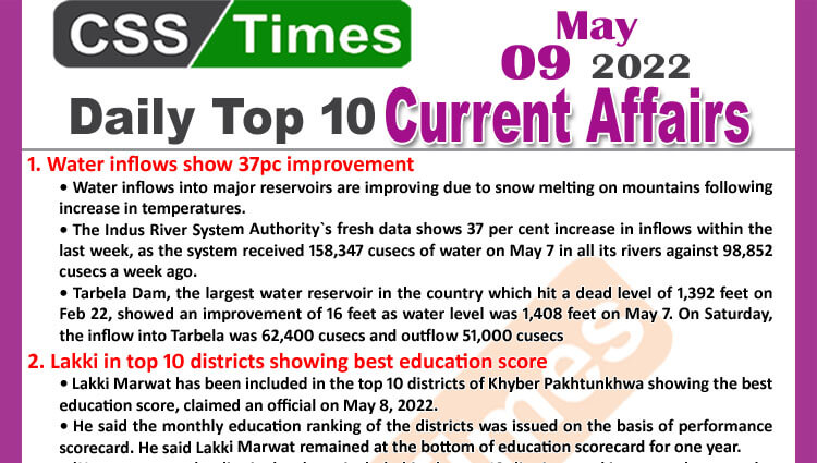 Daily Top-10 Current Affairs MCQs / News (May 09, 2022) for CSS, PMS