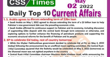 Daily Top-10 Current Affairs MCQs / News (May 02, 2022) for CSS, PMS