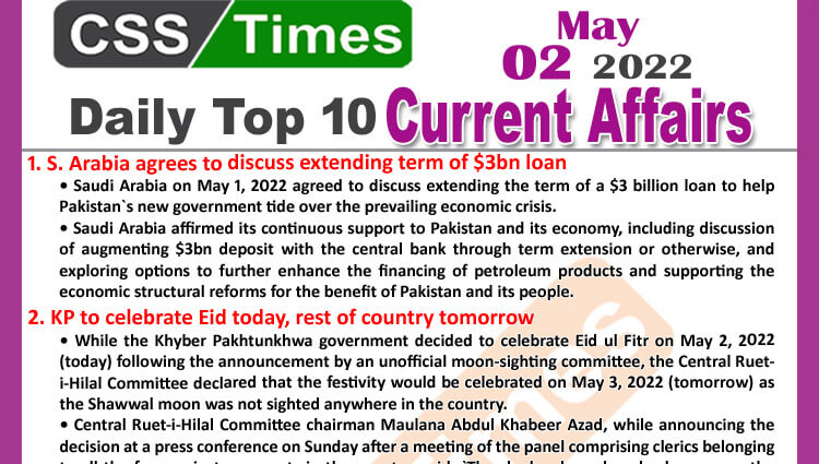 Daily Top-10 Current Affairs MCQs / News (May 02, 2022) for CSS, PMS