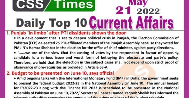 Daily Top-10 Current Affairs MCQs / News (May 21, 2022) for CSS, PMS