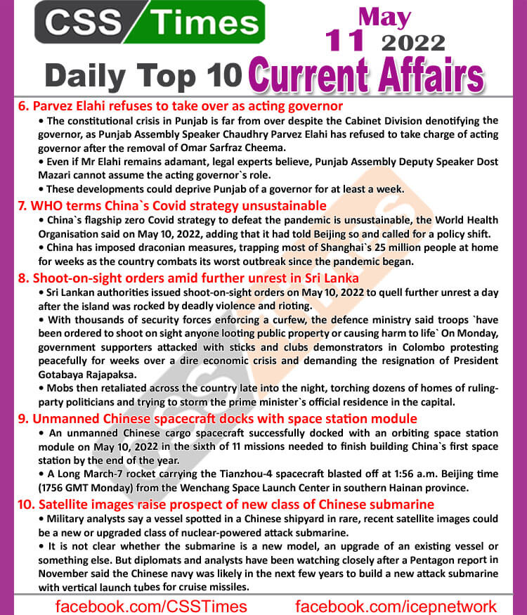 Daily Top-10 Current Affairs MCQs / News (May 11, 2022) for CSS, PMS