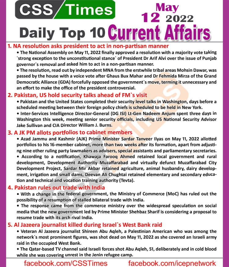 Daily Top-10 Current Affairs MCQs / News (May 12, 2022) for CSS, PMS