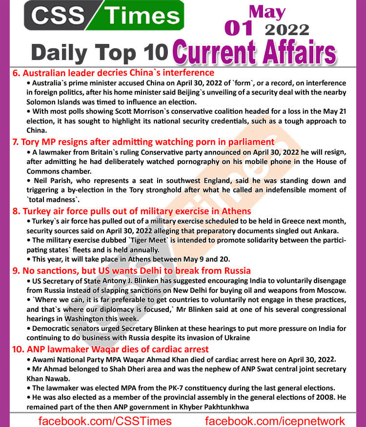 Daily Top-10 Current Affairs MCQs / News (May 01, 2022) for CSS, PMS
