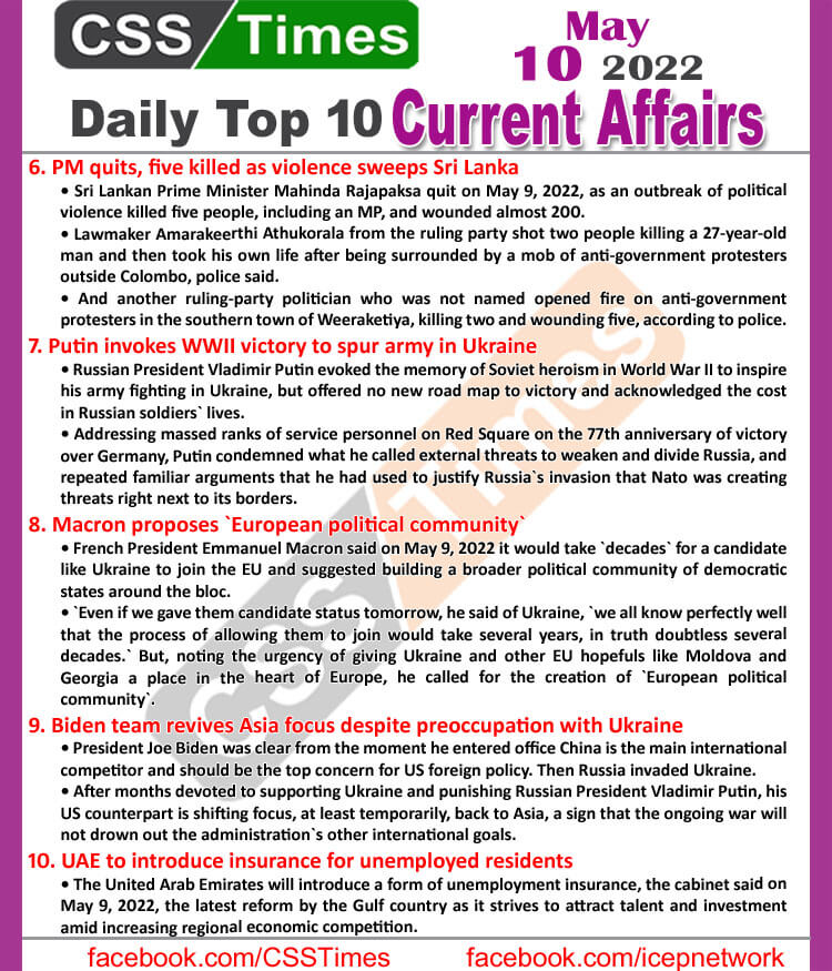 Daily Top-10 Current Affairs MCQs / News (May 10, 2022) for CSS, PMS