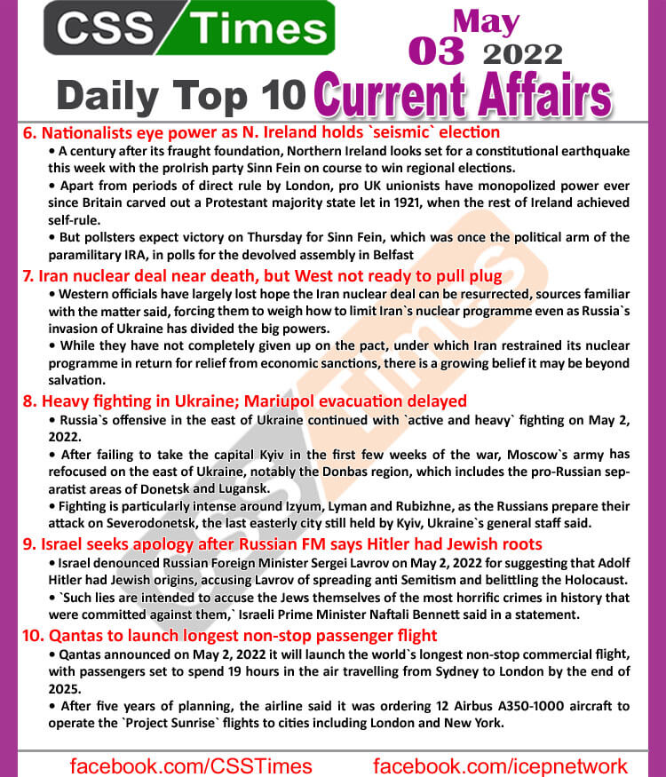 Daily Top-10 Current Affairs MCQs / News (May 03, 2022) for CSS, PMS