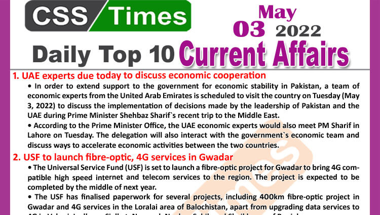 Daily Top-10 Current Affairs MCQs / News (May 03, 2022) for CSS, PMS