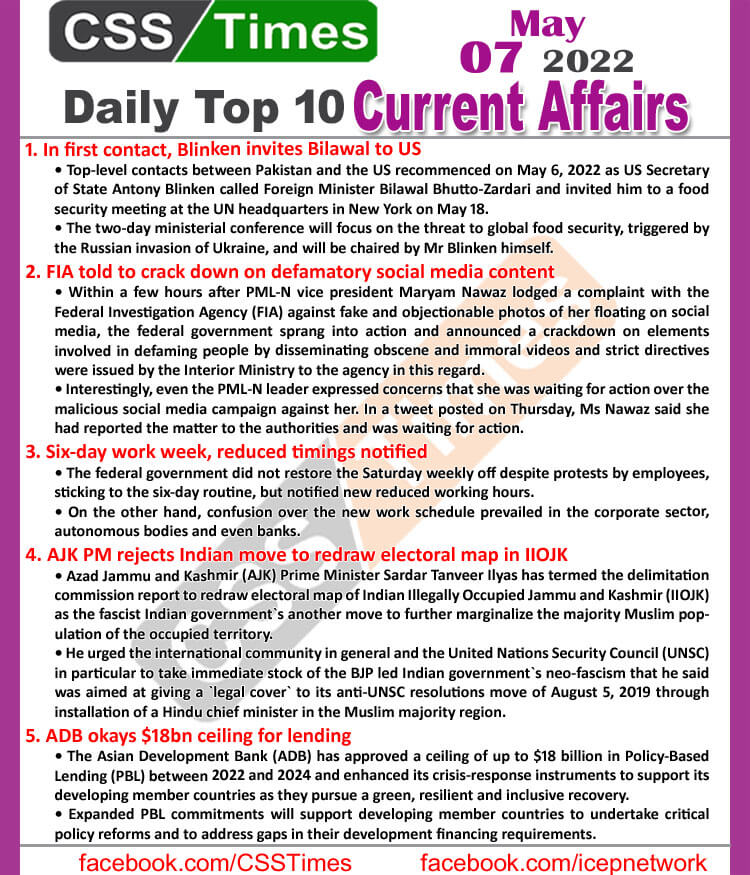 Daily Top-10 Current Affairs MCQs / News (May 07, 2022) for CSS, PMS