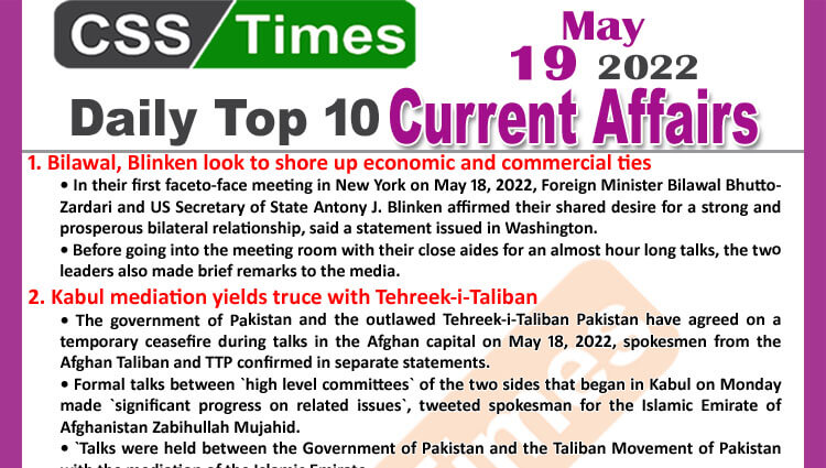 Daily Top-10 Current Affairs MCQs / News (May 19, 2022) for CSS, PMS