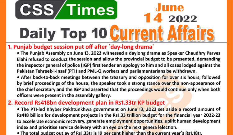 Daily Top-10 Current Affairs MCQs / News (June 14, 2022) for CSS, PMS