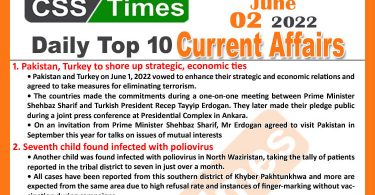 Daily Top-10 Current Affairs MCQs / News (June 02, 2022) for CSS, PMS