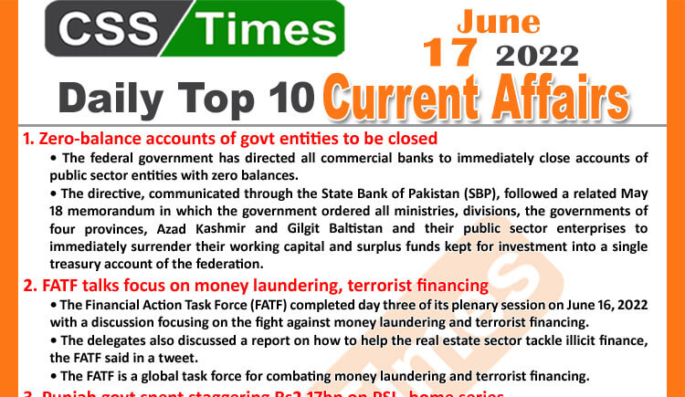 Daily Top-10 Current Affairs MCQs / News (June 17, 2022) for CSS, PMS