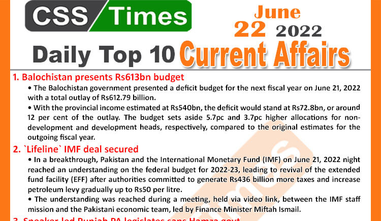 Daily Top-10 Current Affairs MCQs / News (June 22, 2022) for CSS, PMS