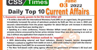 Daily Top-10 Current Affairs MCQs / News (June 03, 2022) for CSS, PMS