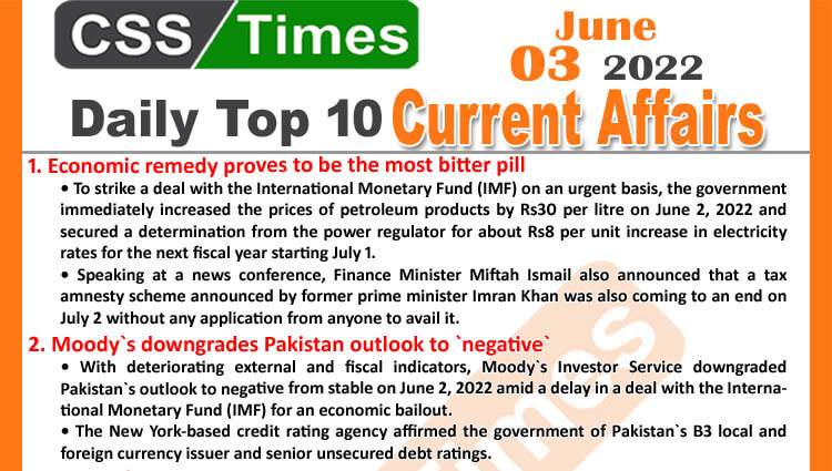 Daily Top-10 Current Affairs MCQs / News (June 03, 2022) for CSS, PMS