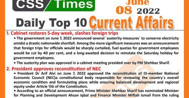 Daily Top-10 Current Affairs MCQs / News (June 08, 2022) for CSS, PMS