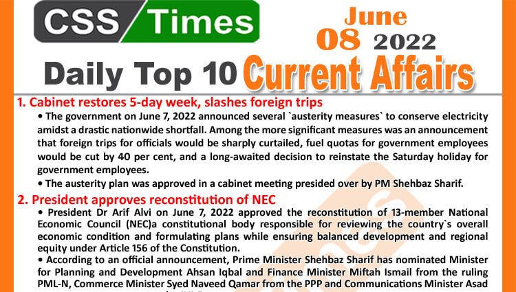 Daily Top-10 Current Affairs MCQs / News (June 08, 2022) for CSS, PMS