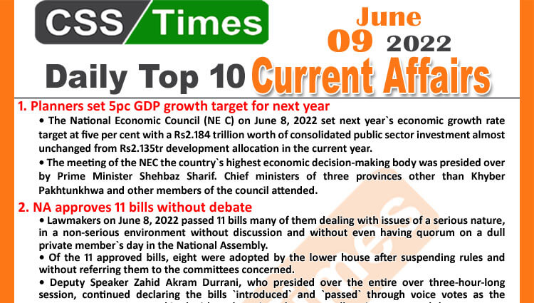 Daily Top-10 Current Affairs MCQs / News (June 09, 2022) for CSS, PMS