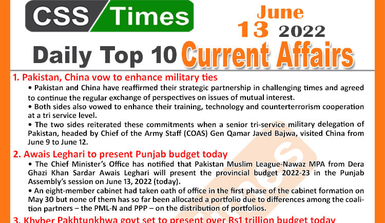 Daily Top-10 Current Affairs MCQs / News (June 13, 2022) for CSS, PMS