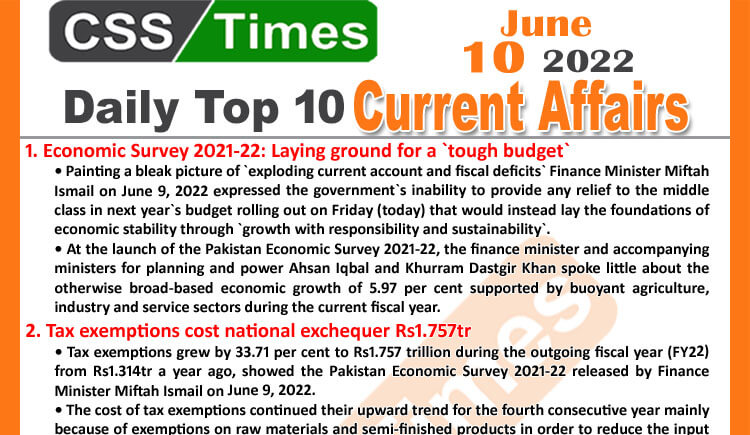 Daily Top-10 Current Affairs MCQs / News (June 10, 2022) for CSS, PMS