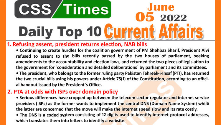 Daily Top-10 Current Affairs MCQs / News (June 05, 2022) for CSS, PMS