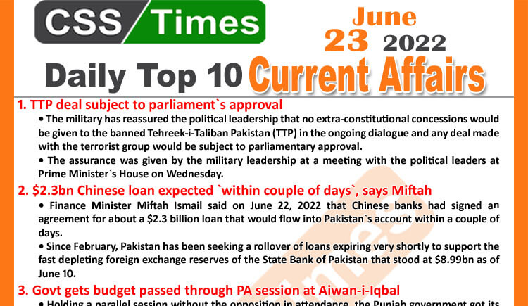 Daily Top-10 Current Affairs MCQs / News (June 23, 2022) for CSS, PMS