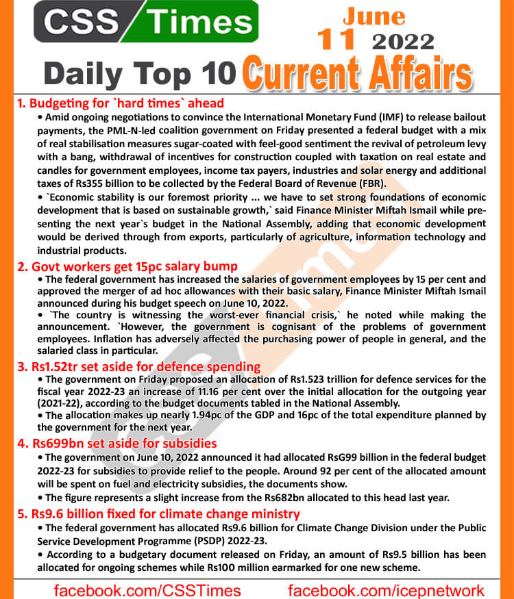 Daily Top-10 Current Affairs MCQs / News (June 11, 2022) for CSS, PMS