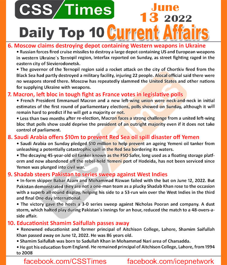 Daily Top-10 Current Affairs MCQs / News (June 13, 2022) for CSS, PMS