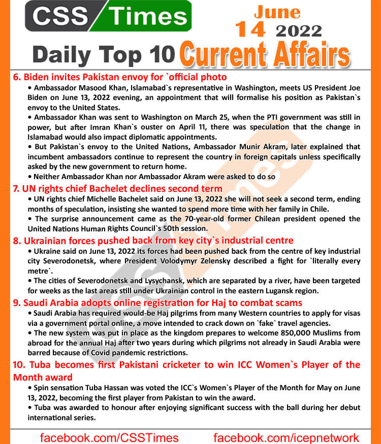 Daily Top-10 Current Affairs MCQs / News (June 14, 2022) for CSS, PMS