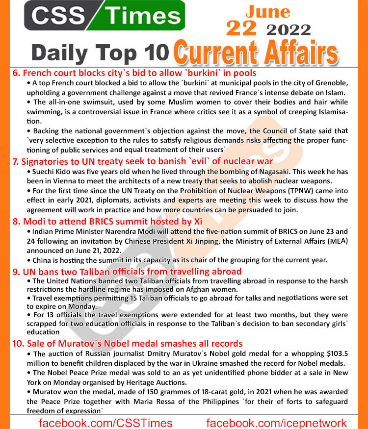 Daily Top-10 Current Affairs MCQs / News (June 22, 2022) for CSS, PMS