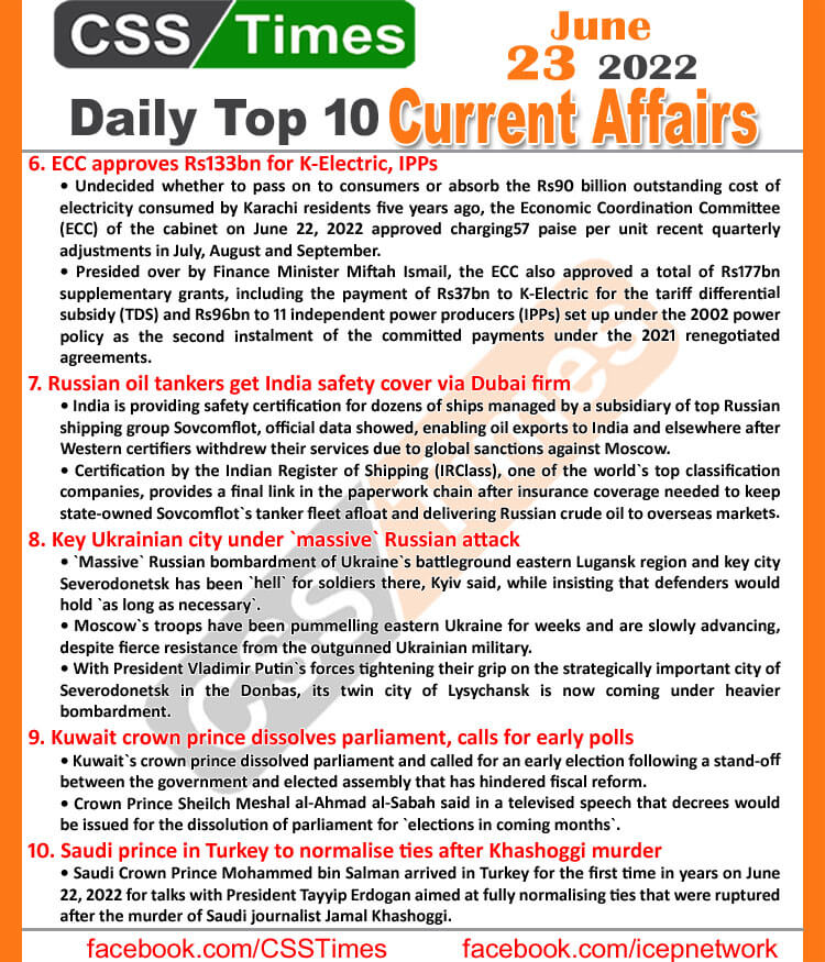 Daily Top-10 Current Affairs MCQs / News (June 23, 2022) for CSS, PMS