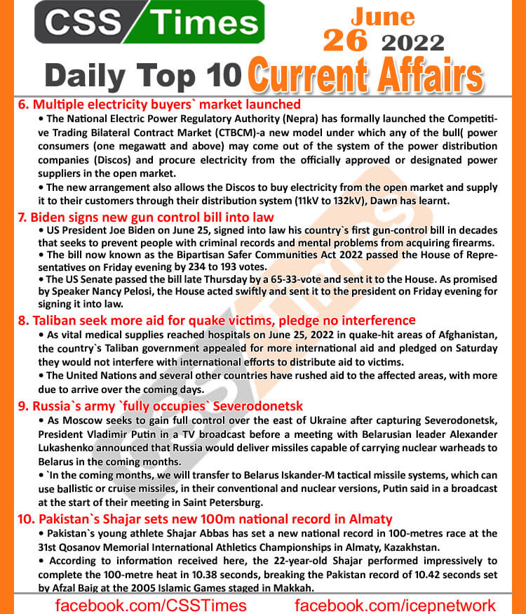 Daily Top-10 Current Affairs MCQs / News (June 26, 2022) for CSS, PMS