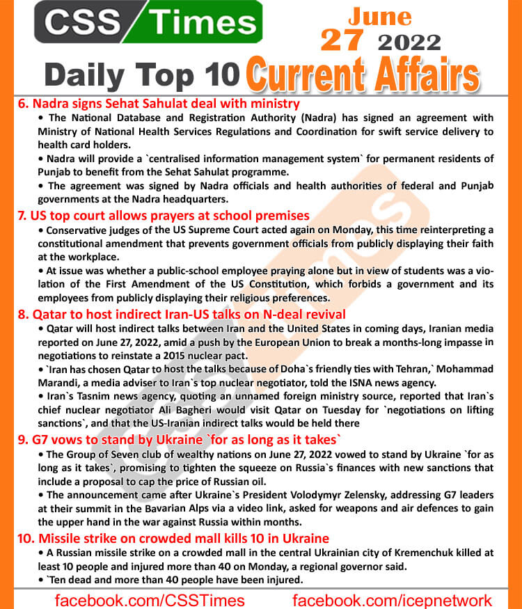 Daily Top-10 Current Affairs MCQs / News (June 28, 2022) for CSS, PMS